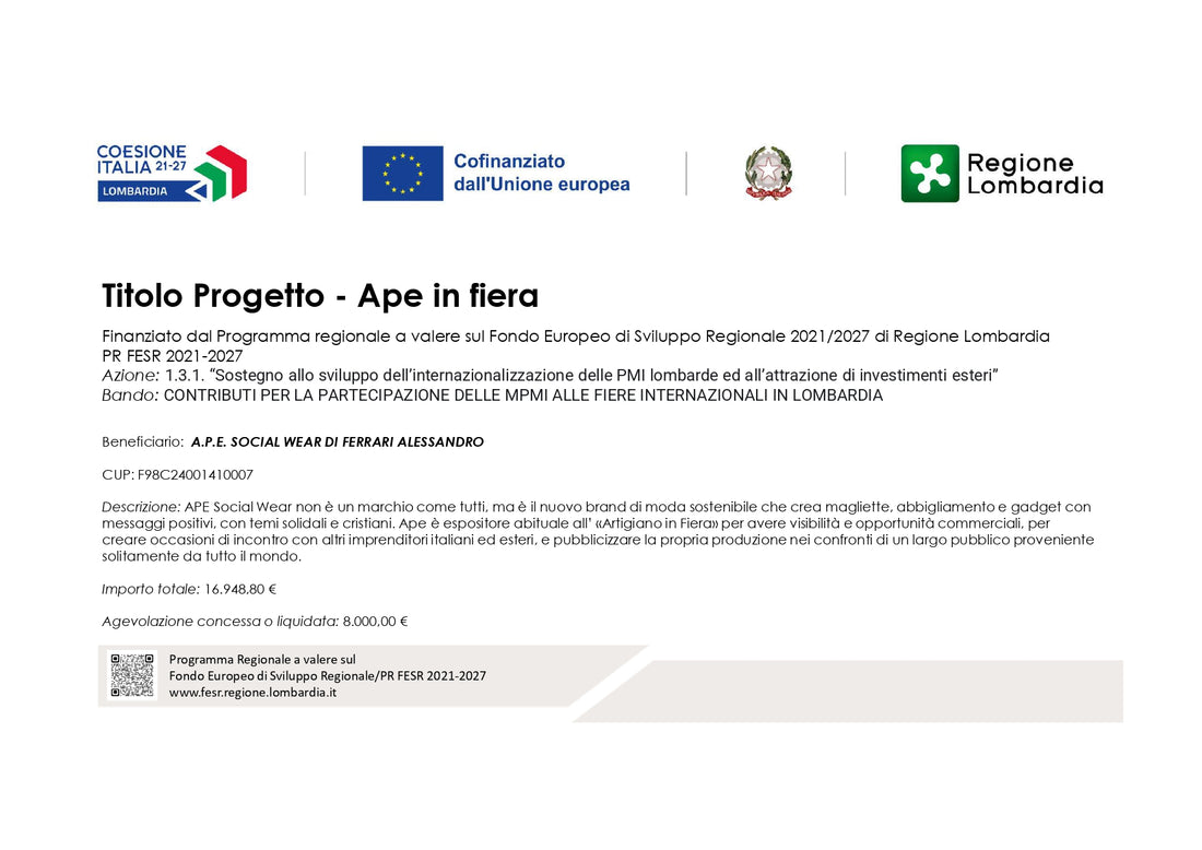 Targa certificazione PR FESR 2021-2027 – Ape in Fiera