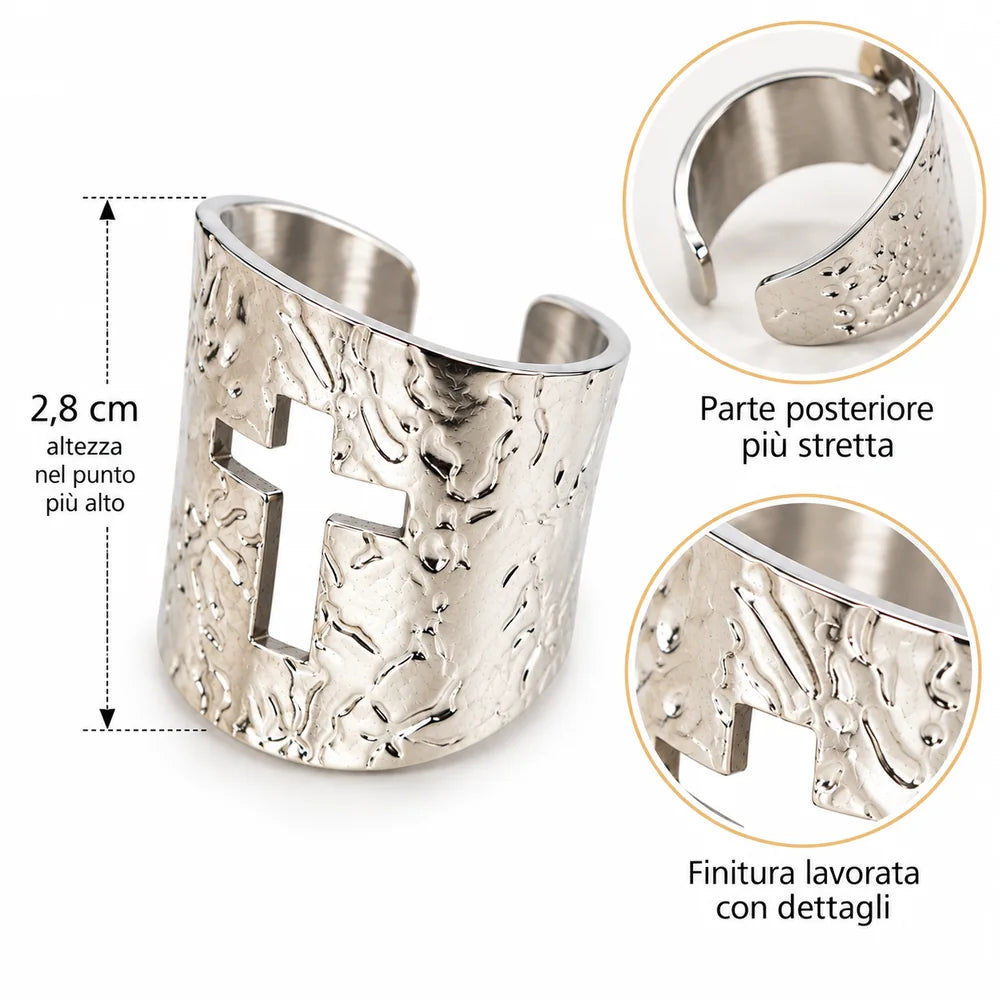 Anello con croce traforata in acciaio inossidabile – Regolabile